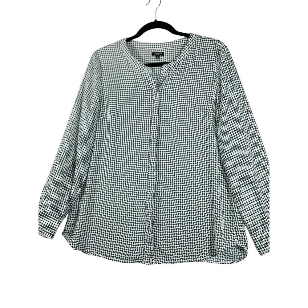 Talbots Houndstooth Blouse Button Down Long Sleeve Career Top LP Women Green